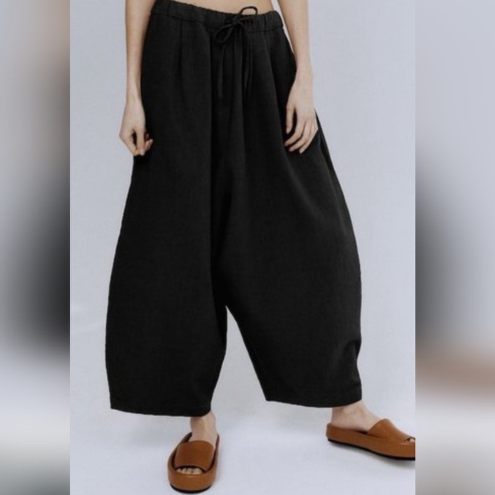 Cordera Organic Linen Twill Curved Wide Leg Trousers One Size  BinX